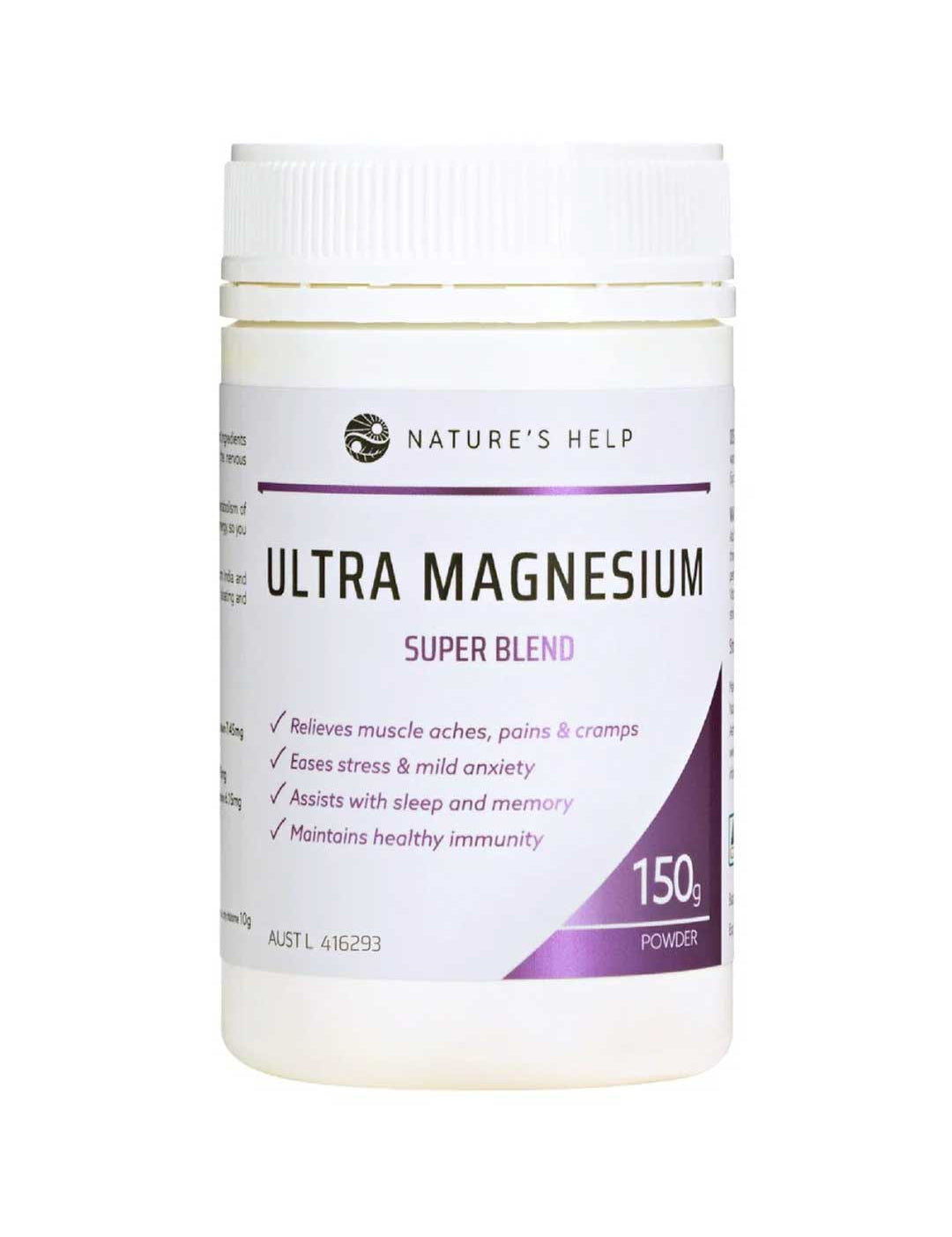 A 150g white container of Nature's Help Ultra Magnesium Supplement, a powder that supports muscle relaxation, relieves aches, eases stress, and aids sleep, memory, immunity, and energy production.