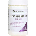 A 150g white container of Nature's Help Ultra Magnesium Supplement, a powder that supports muscle relaxation, relieves aches, eases stress, and aids sleep, memory, immunity, and energy production.