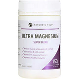 A 150g white container of Nature's Help Ultra Magnesium Supplement, a powder that supports muscle relaxation, relieves aches, eases stress, and aids sleep, memory, immunity, and energy production.