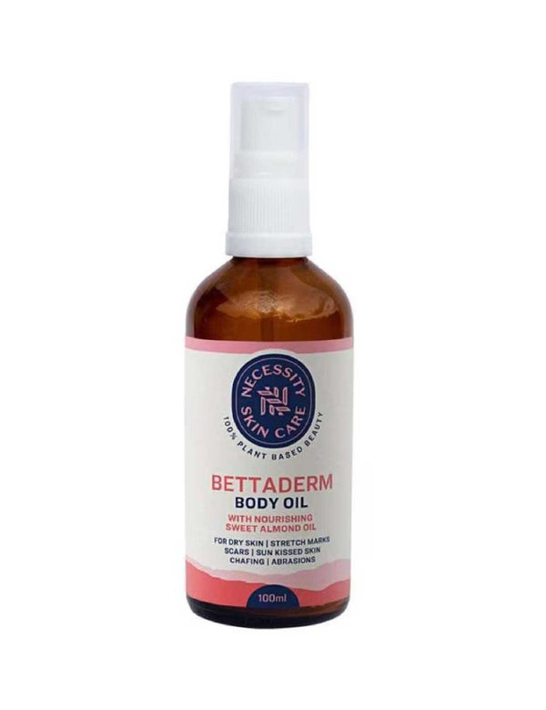 Amber Necessity Bettaderm Body Oil bottle with a white pump under a clear cap and a white label edged in pink and coral bands.