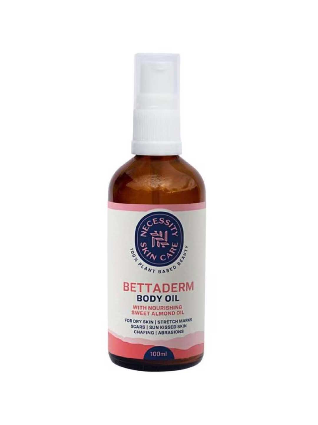 Necessity Bettaderm Body Oil 100ml is a brown spray bottle infused with essential oils and sweet almond oil, ideal for dry skin, scars, stretch marks, sunburn, chafing, and abrasions.