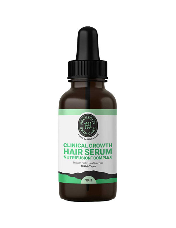 Dark amber Necessity Clinical Growth Hair Serum bottle with a black dropper cap and a white label bordered by green and black bands.
