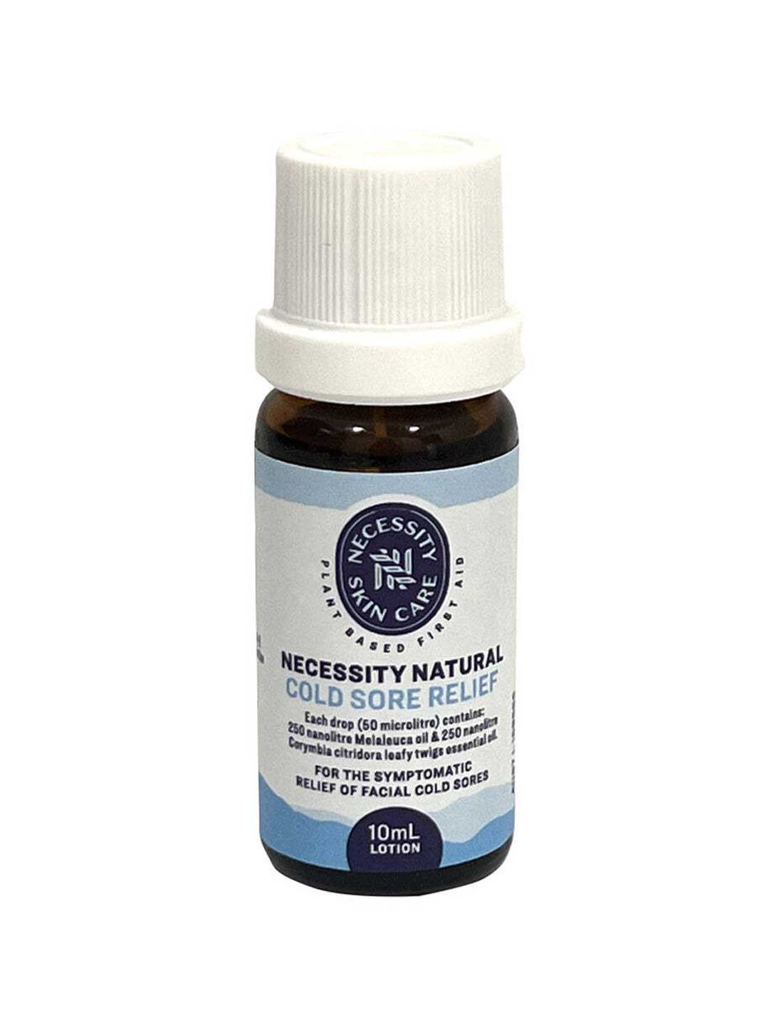 A small brown bottle labeled Necessity Cold Sore Relief 10ml with a white cap, highlighted as a natural treatment for the symptomatic relief of facial cold sores.