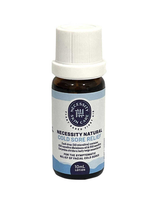 Small dark Necessity Natural Cold Sore Relief 10ml bottle with a tall ribbed white screw cap and a white label bordered by pale and dark blue bands.