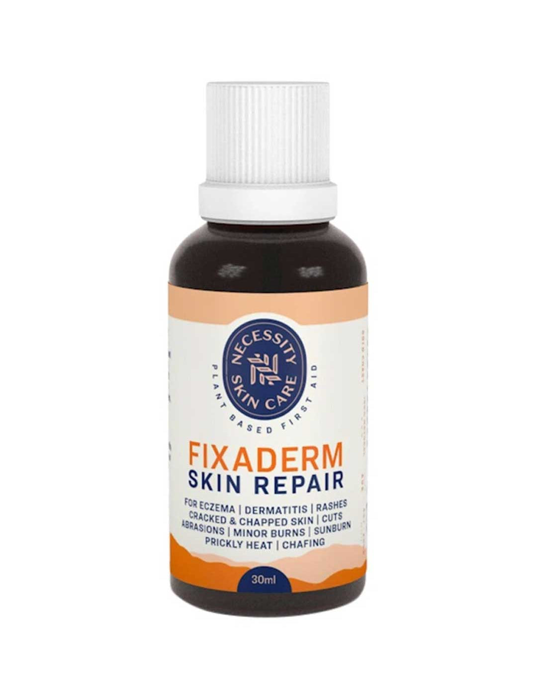 Necessity Fixaderm Skin Repair Lotion 30ml uses plant oils to relieve eczema, dermatitis, rashes, cracked skin, abrasions, burns, sunburn, prickly heat, and chafing; comes in a brown bottle.