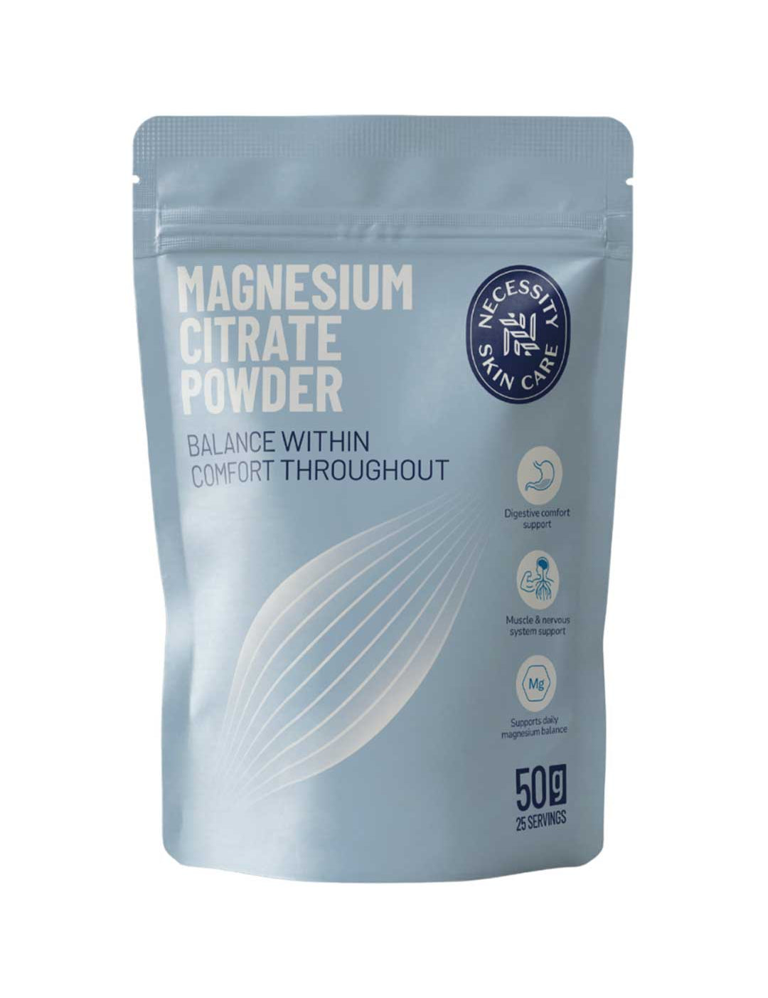 A silver stand-up pouch of Necessity Skin Care Magnesium Citrate Powder, featuring white and dark blue text and graphics on a clean white background.