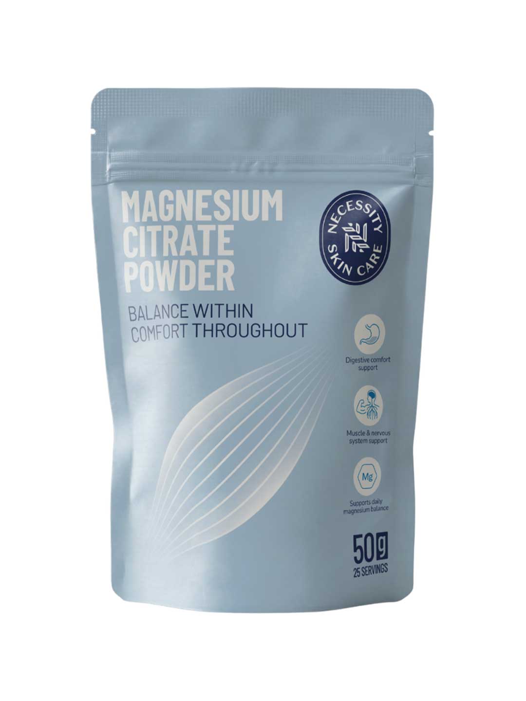 A silver stand-up pouch of Necessity Skin Care Magnesium Citrate Powder, featuring white and dark blue text and graphics on a clean white background.