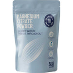 A silver stand-up pouch of Necessity Skin Care Magnesium Citrate Powder, featuring white and dark blue text and graphics on a clean white background.