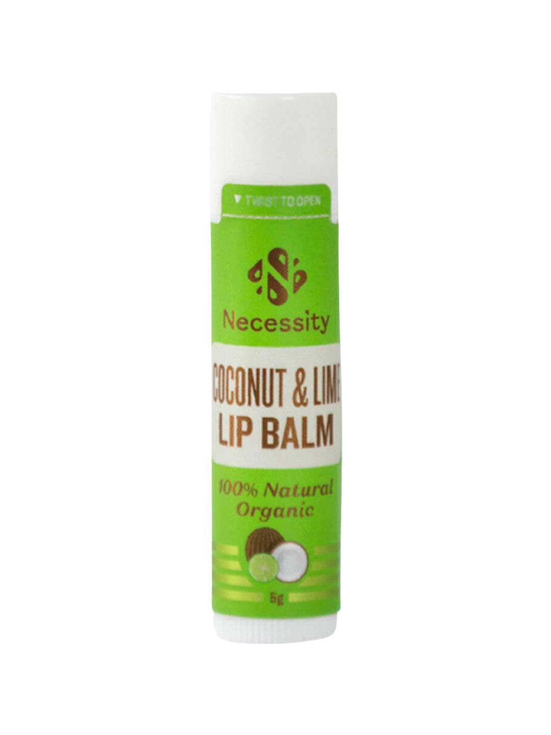 A 5g tube of Necessity Organic Coconut & Lime Lip Balm by Necessity, made in Australia, with a green and white label indicating it is 100% natural and organic.