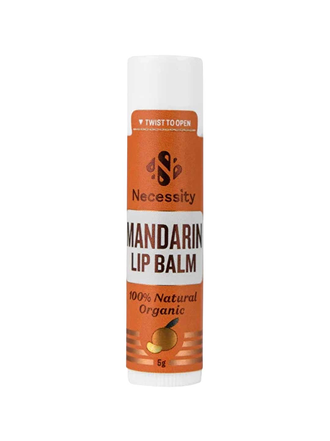 Necessity Organic Mandarin Lip Balm 5g by Necessity features a 100% Natural Organic orange label with a mandarin graphic and twist-to-open instructions. Contains 5g of organic balm.