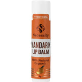 Necessity Organic Mandarin Lip Balm 5g by Necessity features a 100% Natural Organic orange label with a mandarin graphic and twist-to-open instructions. Contains 5g of organic balm.