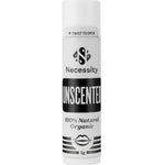 Necessity Organic Unscented Lip Balm 5g by Necessity features a simple black and white tube design, is 100% natural and organic, and is ideal for anyone seeking a pure, fragrance-free lip balm.