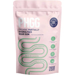 Pink resealable Necessity PHGG pouch with large white lettering, a navy circular logo and a winding green line resembling the outline of intestines.