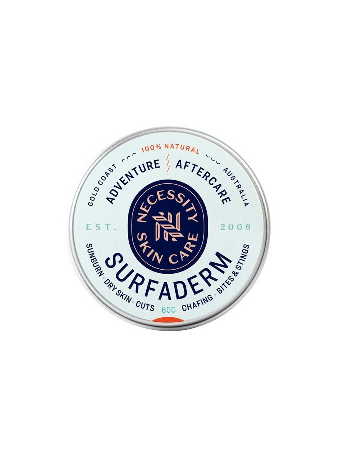Necessity Surfaderm™ 60g is a round tin for adventure aftercare—soothes sunburn, dry skin, cuts, chafing, bites, and stings. Features blue, orange, and black text on white. Made with natural ingredients for skin comfort.
