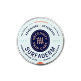 Necessity Surfaderm™ 60g is a round tin for adventure aftercare—soothes sunburn, dry skin, cuts, chafing, bites, and stings. Features blue, orange, and black text on white. Made with natural ingredients for skin comfort.