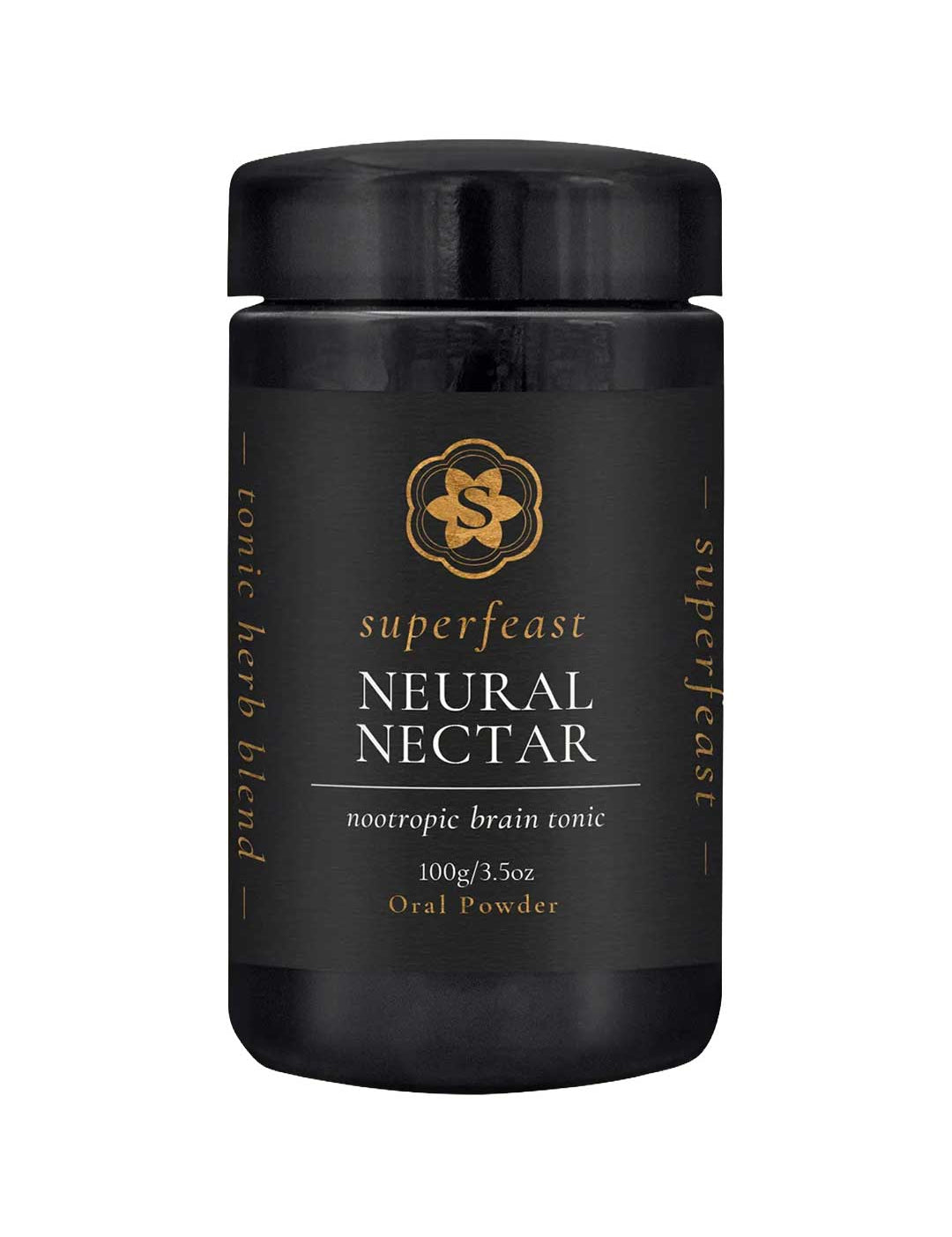 A black container labeled Superfeast Neural Nectar Nootropic Brain Tonic 100g features a gold logo. The label highlights cognitive function and describes it as a tonic herb blend.