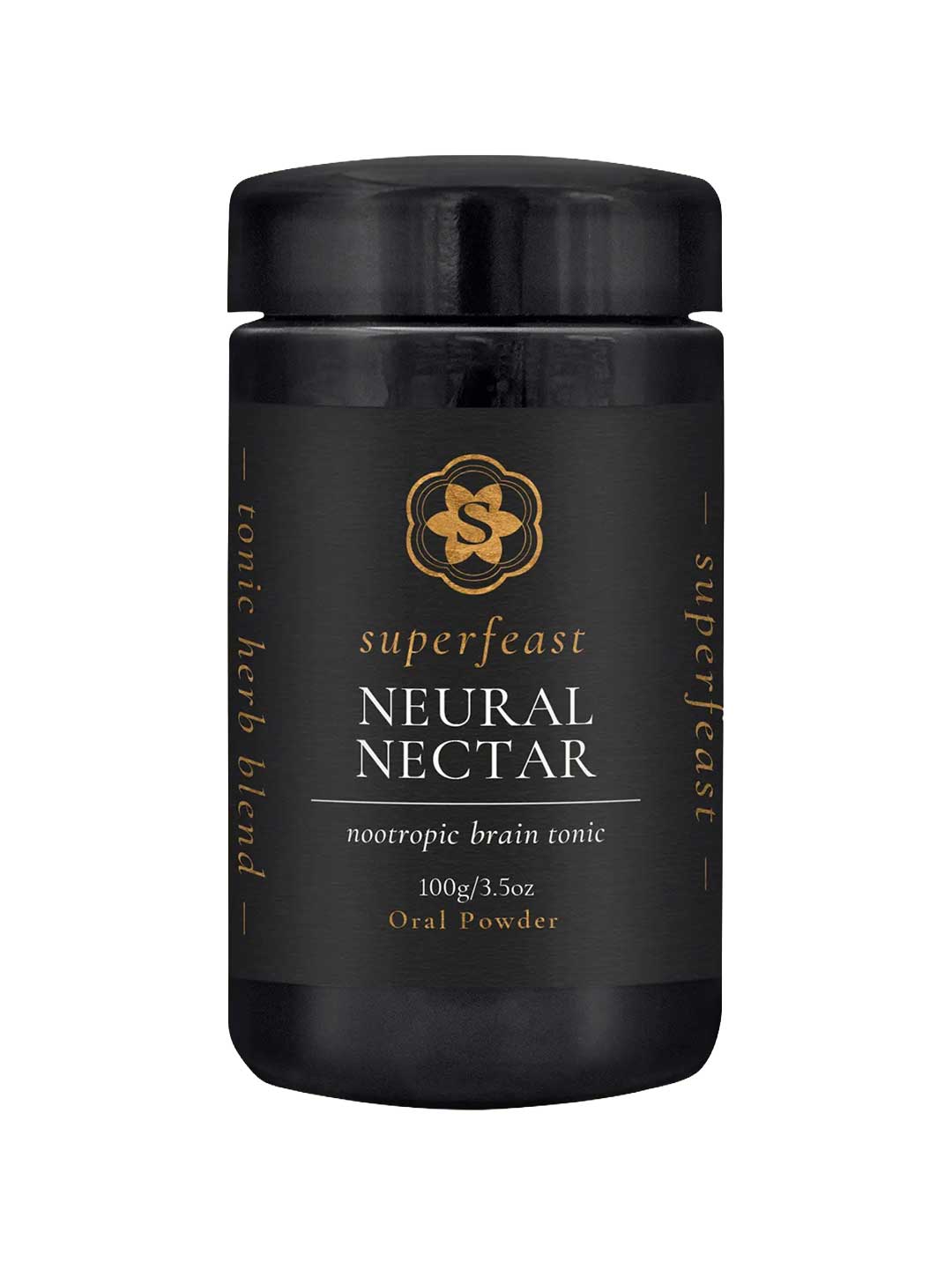 A black container labeled Superfeast Neural Nectar Nootropic Brain Tonic 100g features a gold logo. The label highlights cognitive function and describes it as a tonic herb blend.