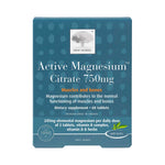 Front of a New Nordic Active Magnesium™ Citrate 750mg 60 Tablets box, showing benefits for muscle function and bone health, with magnesium citrate plus vitamins and herbs to help support normal muscles and bones.