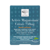 Front of a New Nordic Active Magnesium™ Citrate 750mg 60 Tablets box, showing benefits for muscle function and bone health, with magnesium citrate plus vitamins and herbs to help support normal muscles and bones.