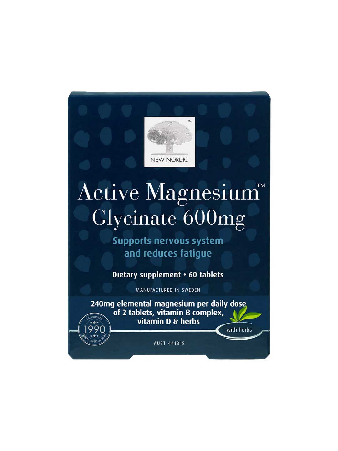 Front of a New Nordic Active Magnesium Glycinate 600mg 60 Tablets box, highlighting support for energy metabolism, nervous system health, and reduced fatigue. Each dose provides 240mg magnesium plus vitamins and herbs.