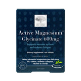Front of a New Nordic Active Magnesium Glycinate 600mg 60 Tablets box, highlighting support for energy metabolism, nervous system health, and reduced fatigue. Each dose provides 240mg magnesium plus vitamins and herbs.
