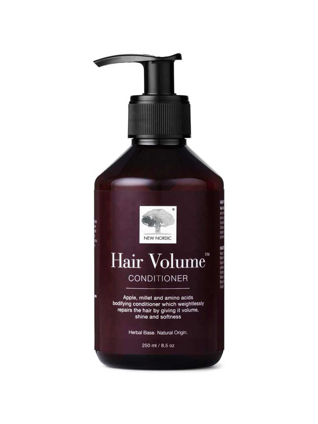 New Nordic Hair Volume Conditioner 250ml comes in a dark brown pump bottle and features a volumizing formula with apple, millet, and amino acids for hair repair, shine, and softness.