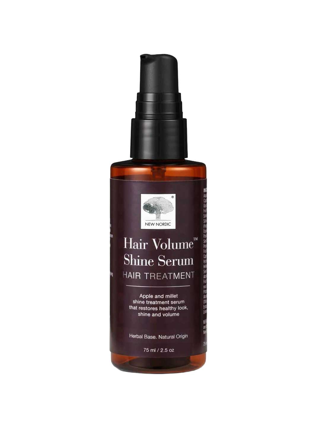 A 75ml brown bottle of New Nordic Hair Volume™ Shine Serum with a black pump, displaying white text and a tree logo on the label.