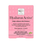 A pink box of New Nordic Hyaluron Active™ 30 Tablets, featuring collagen, hyaluronic acid, vitamin C, sea buckthorn, and tagetes to support skin firmness and elasticity. Take once daily for best results.