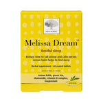 A yellow box of New Nordic Melissa Dream™ sleep supplement, formulated for restful sleep with lemon balm, chamomile, green tea, vitamin B complex, and magnesium. Each box contains 60 coated tablets.