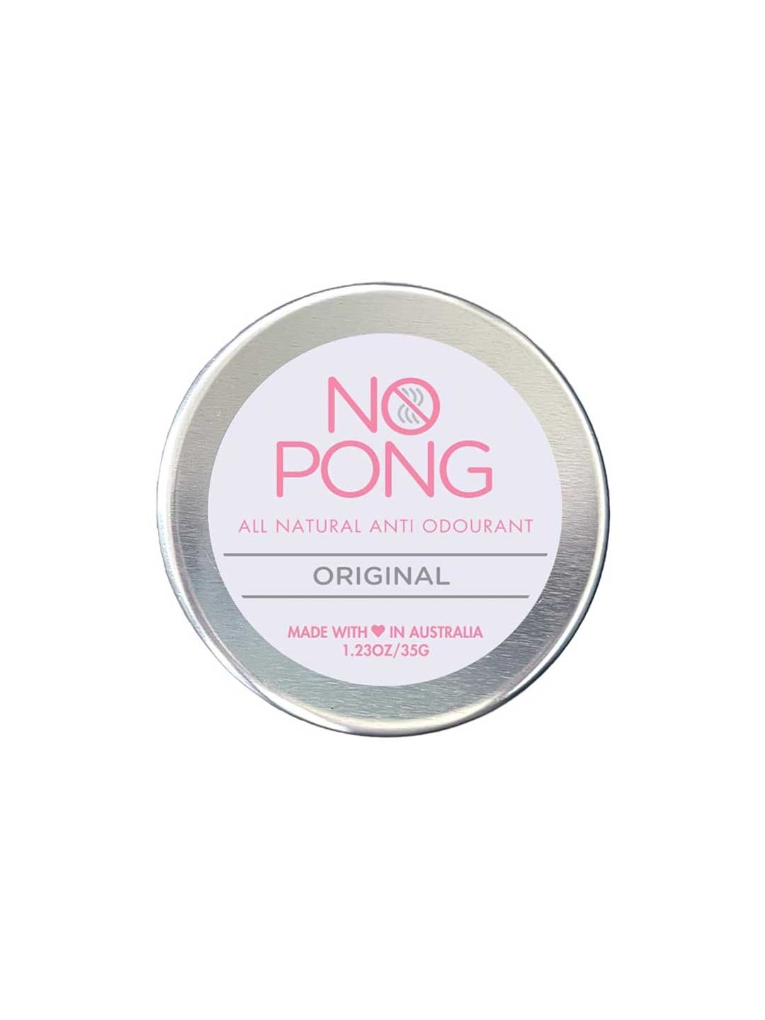 A round silver tin labeled No Pong All-Natural Anti-Odourant - Original 35g, with pink and gray text. This vegan deodorant is made in Australia and contains 1.23 oz (35g).