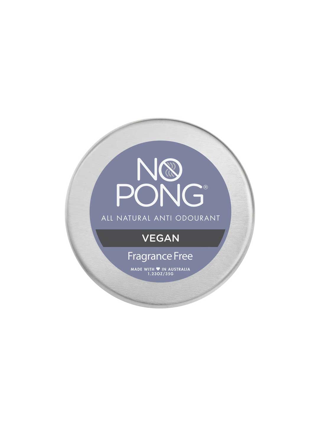 A round silver tin with a lavender lid labeled No Pong All-Natural Anti-Odourant Fragrance Free Vegan 35g, a gentle deodorant cream made in Australia.