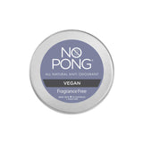 A round silver tin with a lavender lid labeled No Pong All-Natural Anti-Odourant Fragrance Free Vegan 35g, a gentle deodorant cream made in Australia.