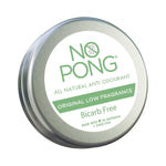 Round silver No Pong anti-odourant tin tilted towards the viewer, with a pale green lid label reading Original Low Fragrance, Bicarb Free.