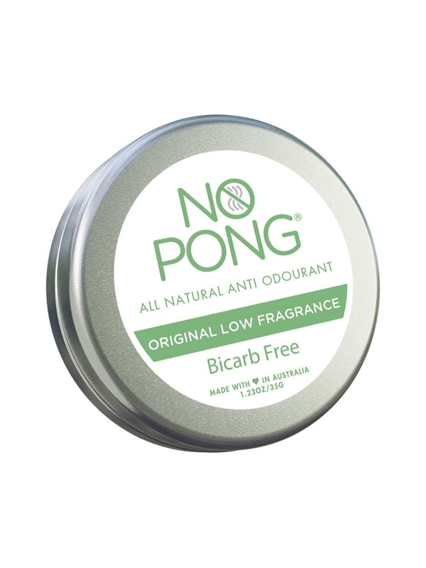 Round silver No Pong anti-odourant tin tilted towards the viewer, with a pale green lid label reading Original Low Fragrance, Bicarb Free.