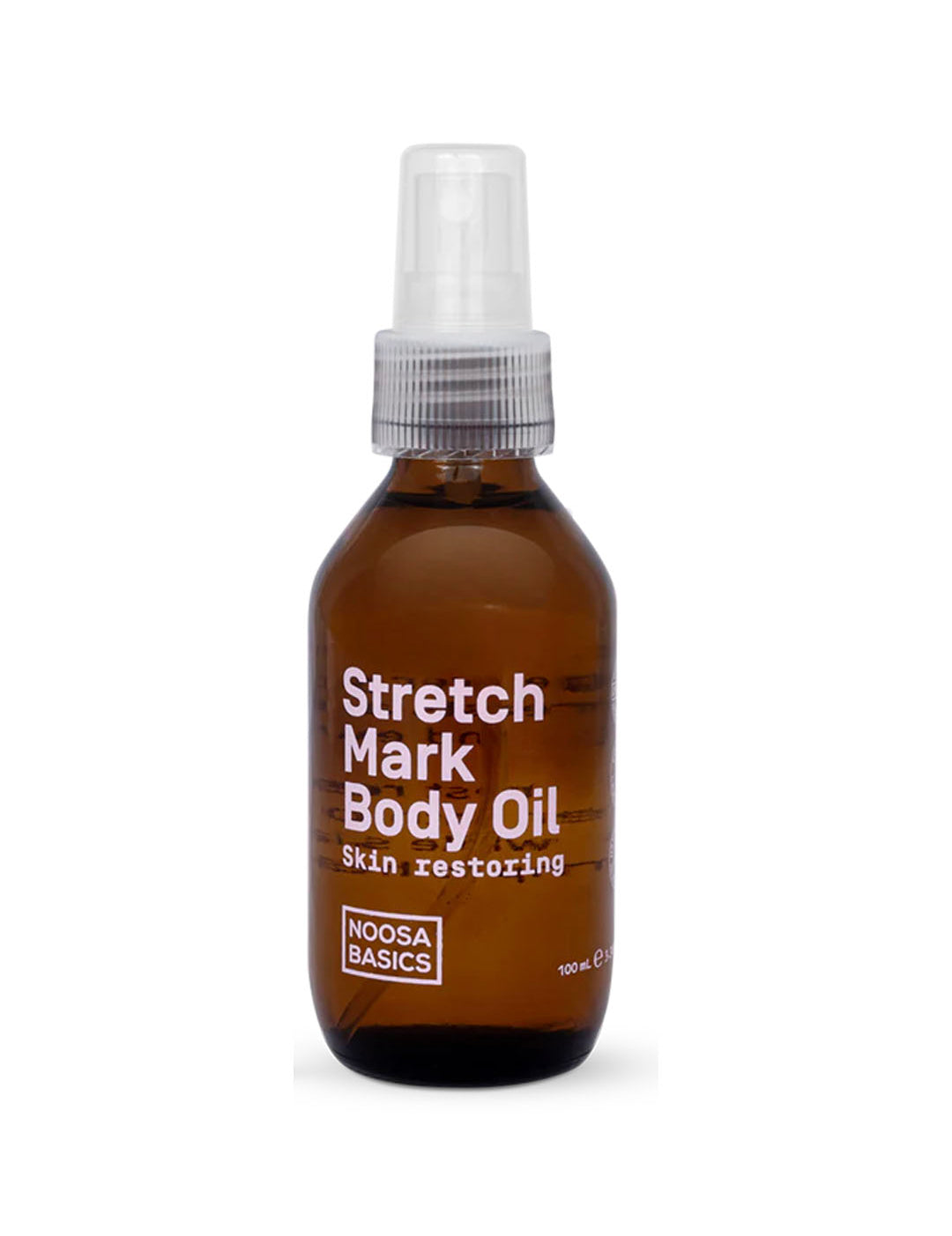 A brown bottle with a pump dispenser labeled Noosa Basics Stretch Mark Body Oil 100ml, fragrance free body oil for skin elasticity, features white text and a clear cap.