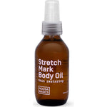 A brown bottle with a pump dispenser labeled Noosa Basics Stretch Mark Body Oil 100ml, fragrance free body oil for skin elasticity, features white text and a clear cap.
