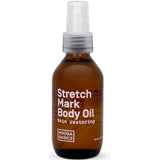 A brown bottle with a pump dispenser labeled Noosa Basics Stretch Mark Body Oil 100ml, fragrance free body oil for skin elasticity, features white text and a clear cap.