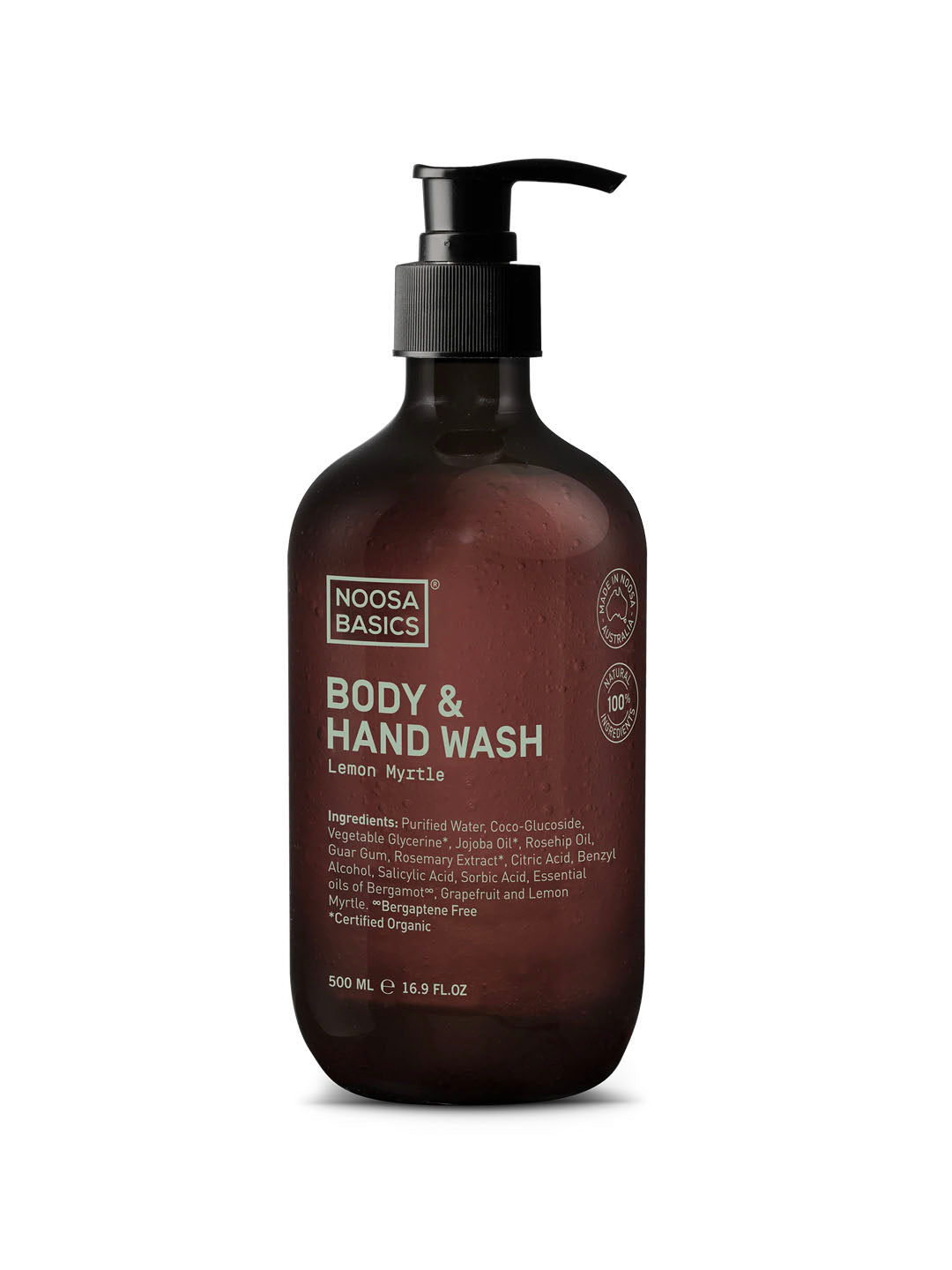 A dark brown pump bottle labeled Noosa Basics Body & Hand Wash Lemon Myrtle 500ml, lists ingredients and certifications. This natural body wash features a simple, minimalistic design—ideal for sensitive skin.