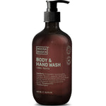 A dark brown pump bottle labeled Noosa Basics Body & Hand Wash Lemon Myrtle 500ml, lists ingredients and certifications. This natural body wash features a simple, minimalistic design—ideal for sensitive skin.