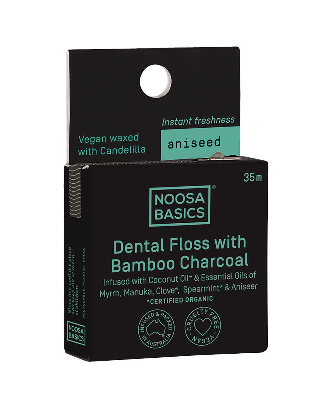Noosa Basics dental floss packaging with bamboo charcoal and Aniseed on a white background