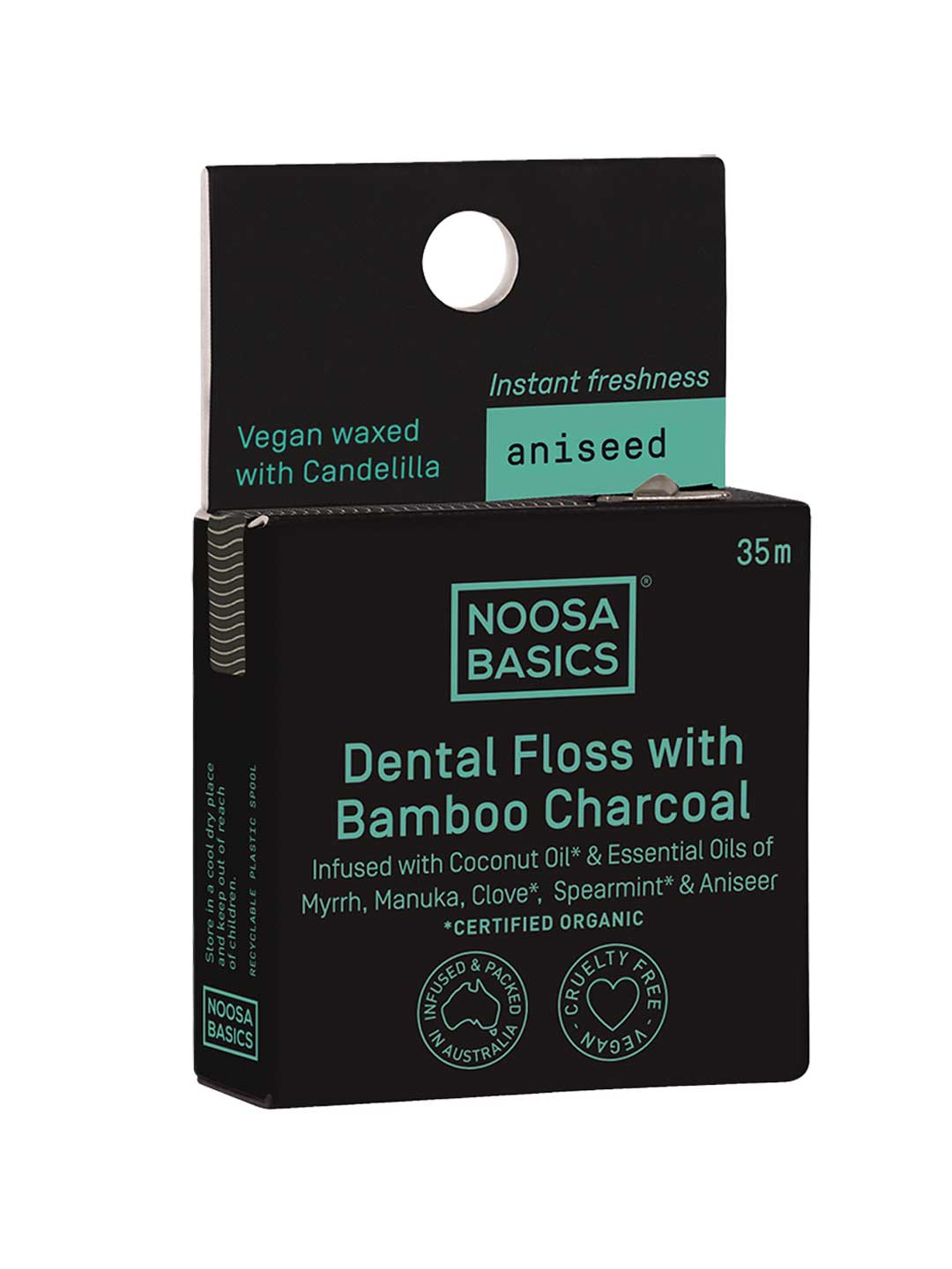 Noosa Basics dental floss packaging with bamboo charcoal and Aniseed on a white background