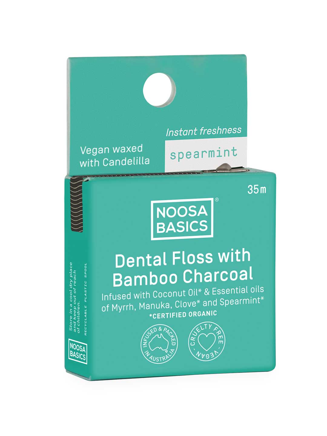 Noosa Basics dental floss packaging with bamboo charcoal and Spearmint on a white background