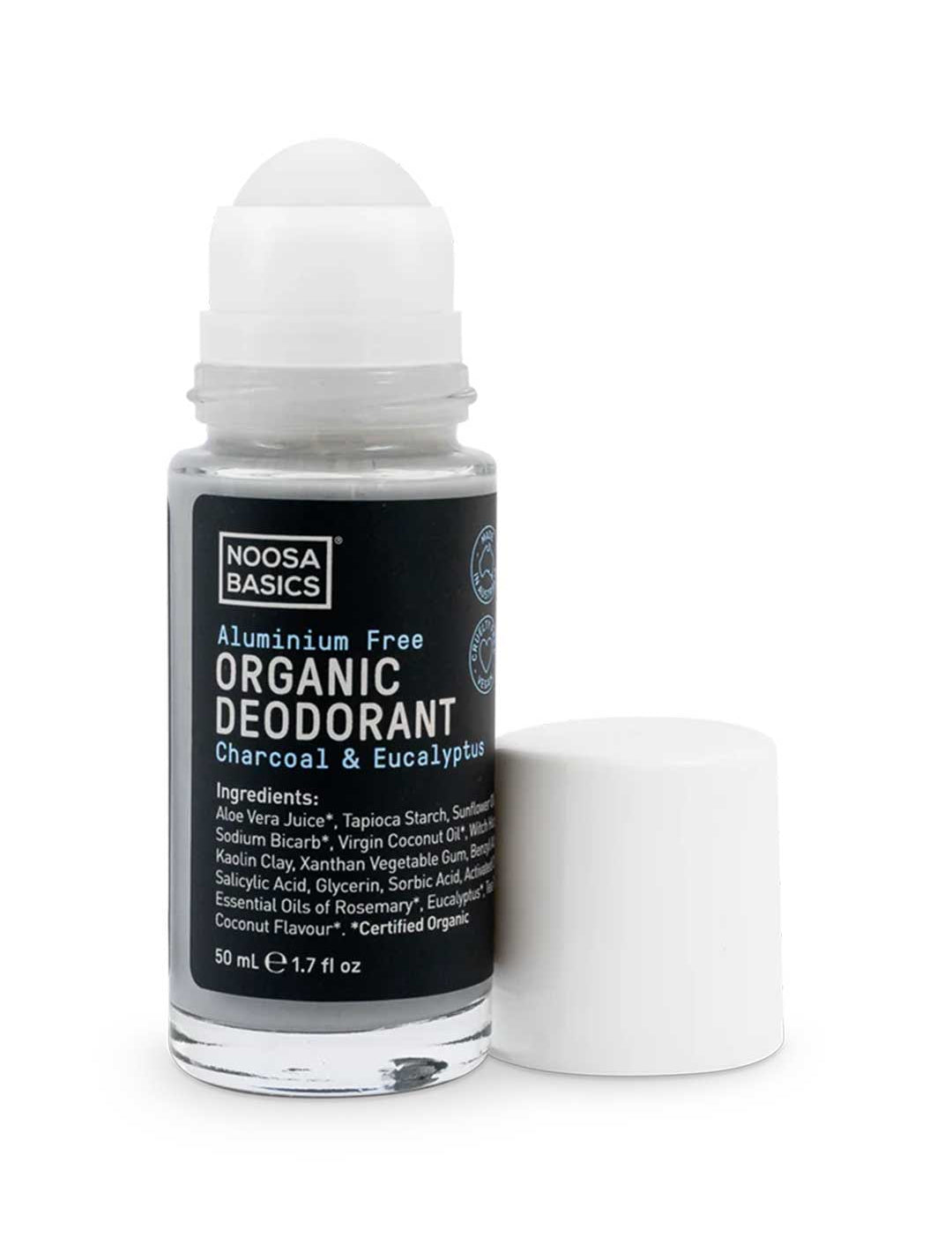 Noosa Basics natural deodorant roll-on in Charcoal & Eucalyptus scent, aluminum-free formula in glass bottle, 50ml