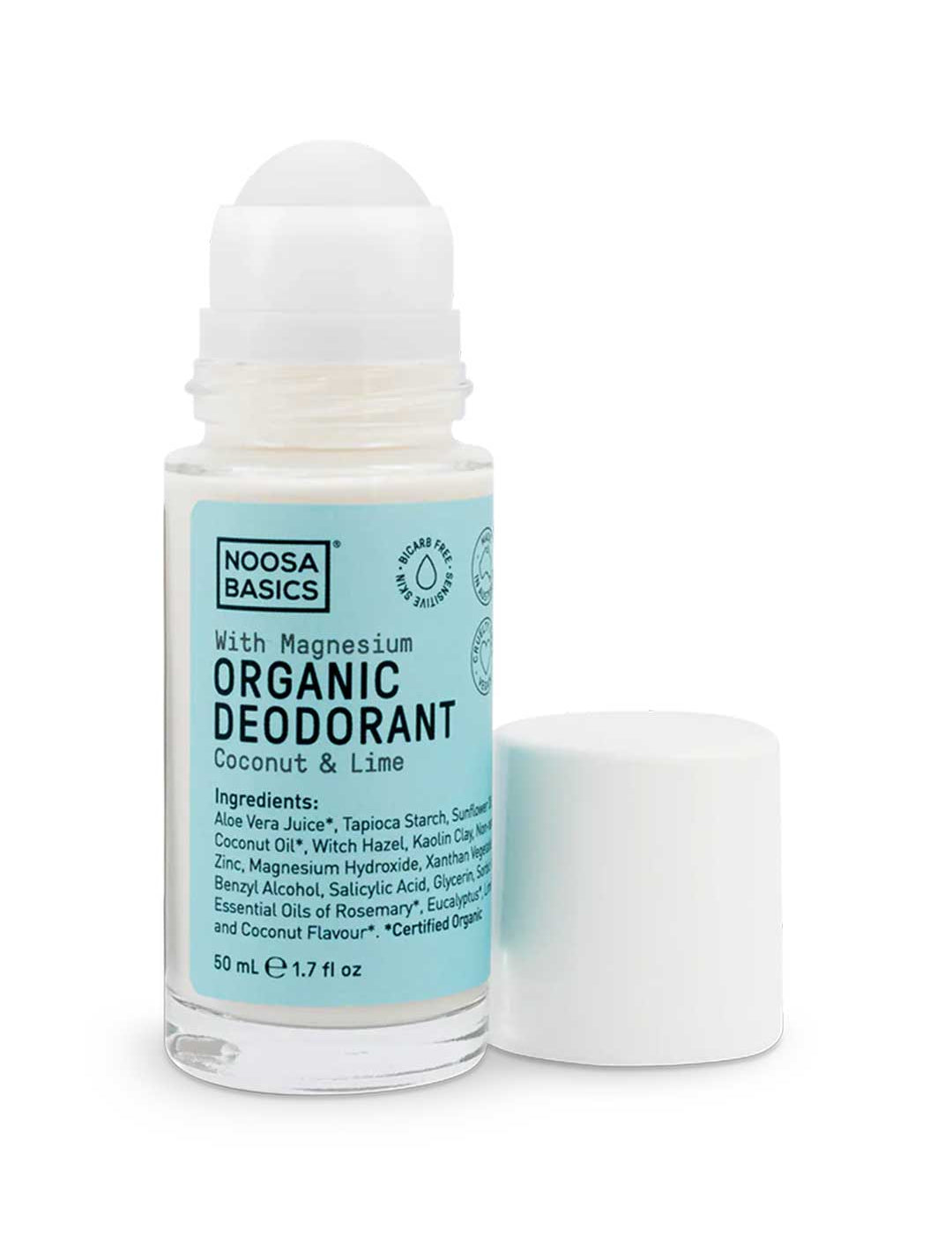 Noosa Basics natural deodorant roll-on in Coconut & Lime scent, bi-carb free formula for sensitive skin, 50ml