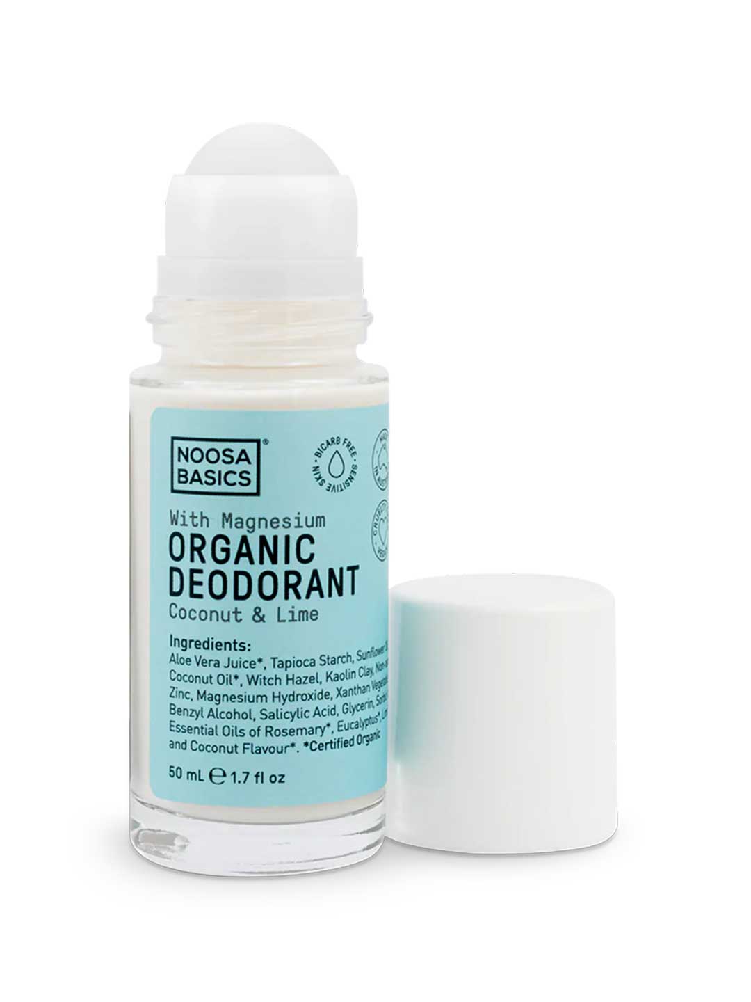 Noosa Basics natural deodorant roll-on in Coconut & Lime scent, bi-carb free formula for sensitive skin, 50ml