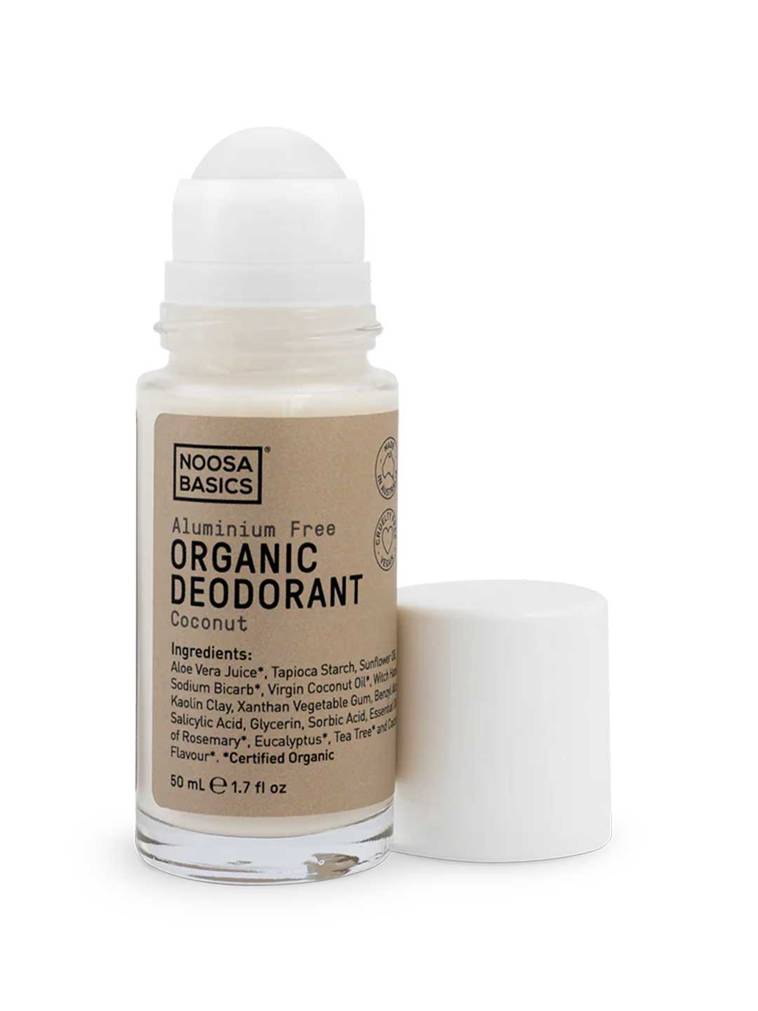 Noosa Basics natural deodorant roll-on in Coconut scent, aluminum-free formula, 50ml