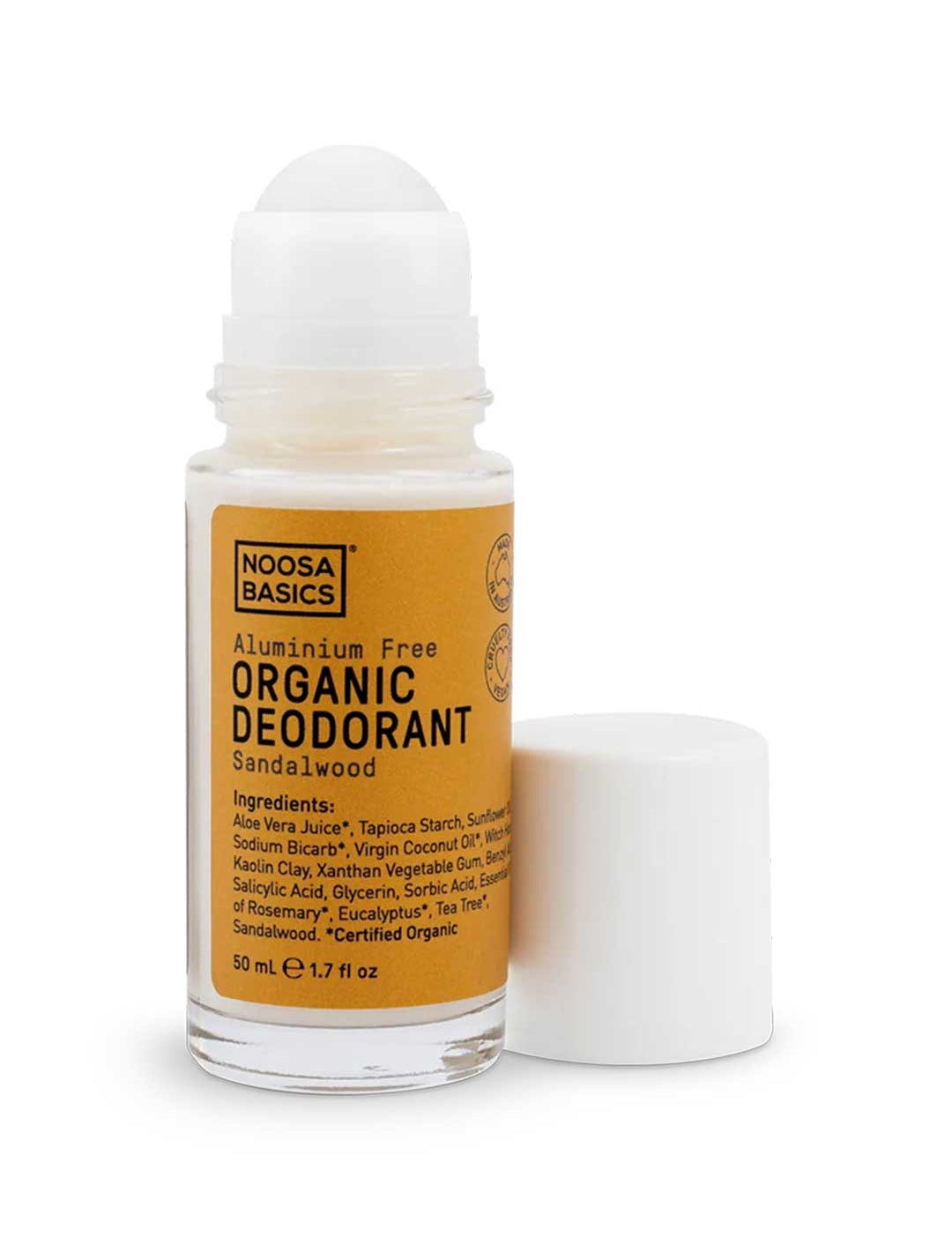 Noosa Basics natural deodorant roll-on in Sandalwood scent, aluminum-free formula, 50ml