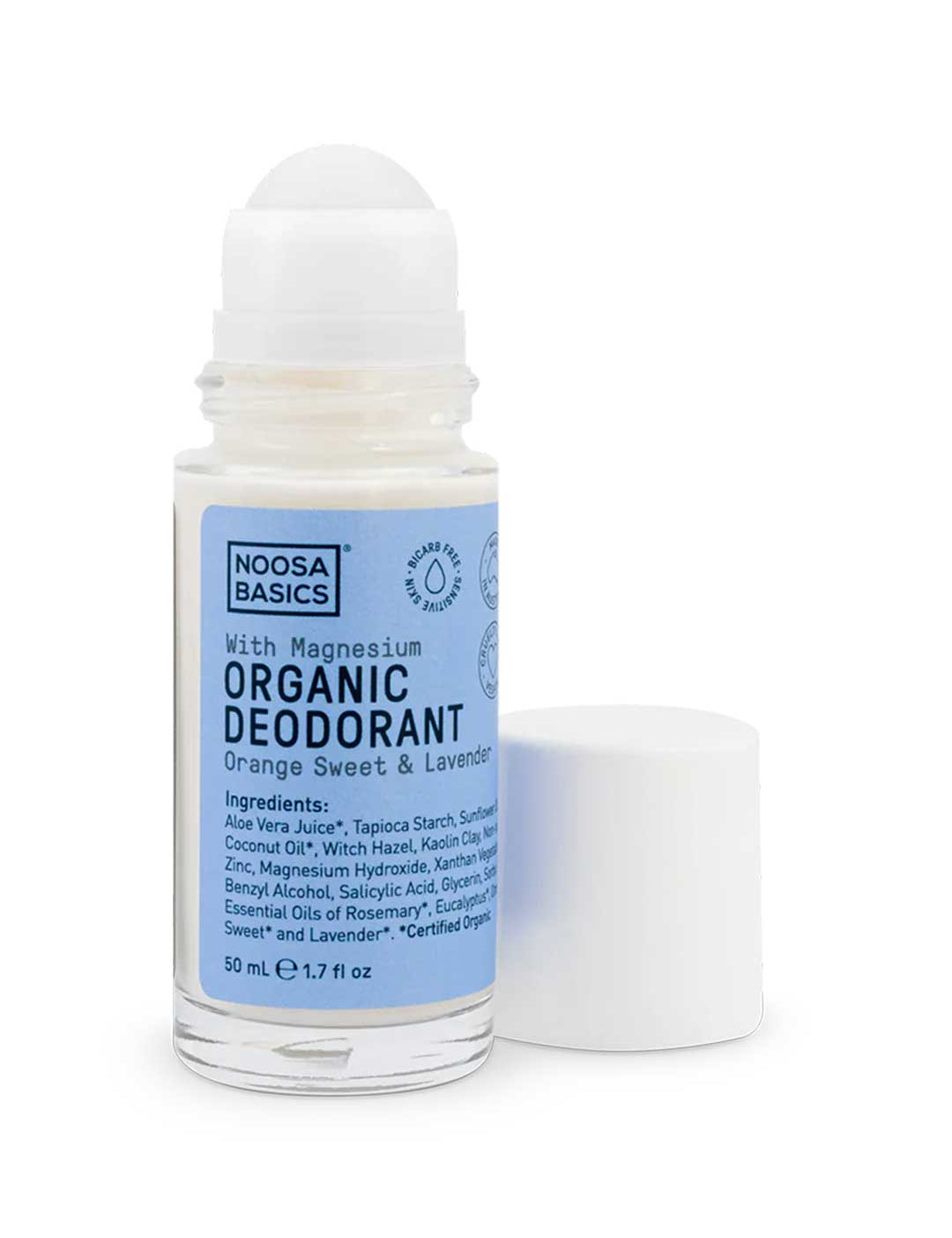 Noosa Basics natural deodorant roll-on in Sweet Orange & Lavender scent, bi-carb free formula for sensitive skin, 50ml