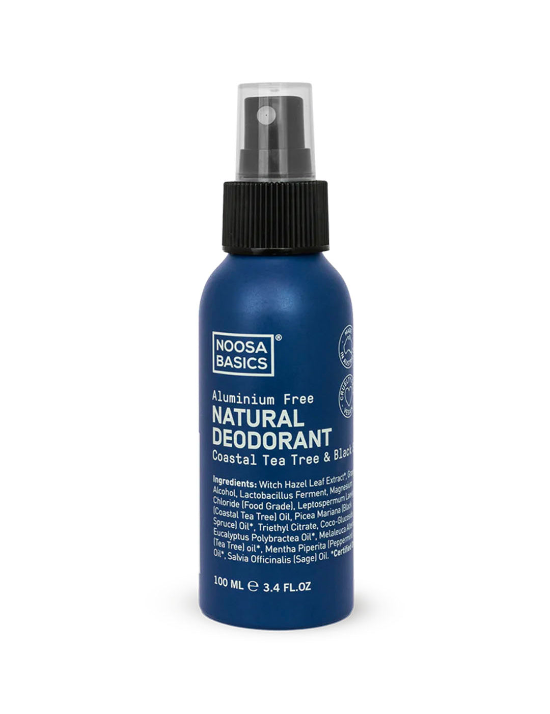 Noosa Basics natural deodorant spray in Coastal Tea Tree & Black Spruce scent, aluminum-free formula in metal bottle, 100ml