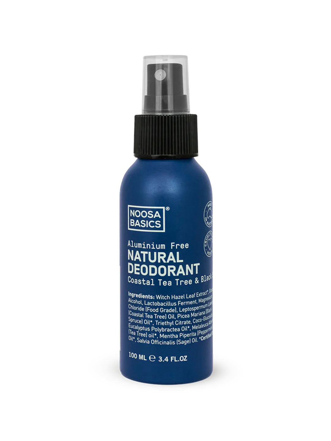 Noosa Basics natural deodorant spray in Coastal Tea Tree & Black Spruce scent, aluminum-free formula in metal bottle, 100ml